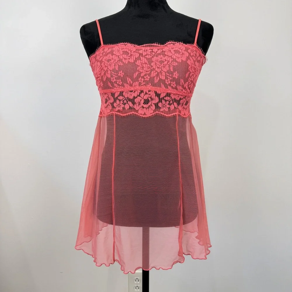 Sheer Babydoll Chemise Lingerie Womens XS/S Pink Floral Lace Coquette Romantic